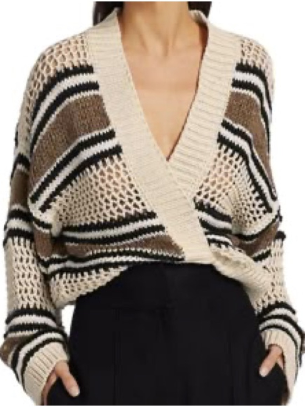 Brunello Cucinelli Cropped Striped Crochet Cardigan in Cream, Brown & Black